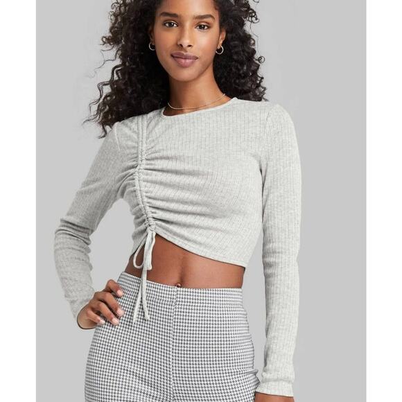Wild Fable Gray Sleeve Ruched Slim Fit Cropped Knit Shirt Heather Grey Size XL - Picture 1 of 9